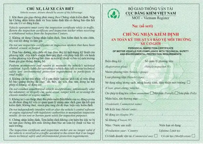 Mẫu Giấy Đăng Kiểm Xe Sử Dụng Năng Lượng Sạch