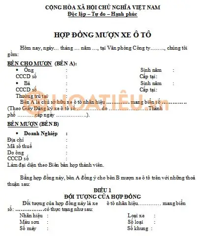 Mẫu Hợp Đồng Mượn Xe Ô Tô