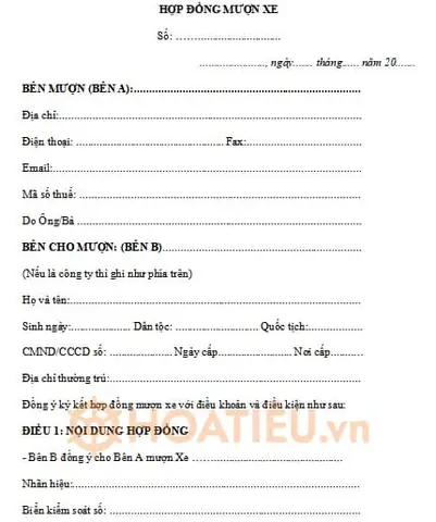 Mẫu Hợp Đồng Mượn Xe Thông Dụng Nhất