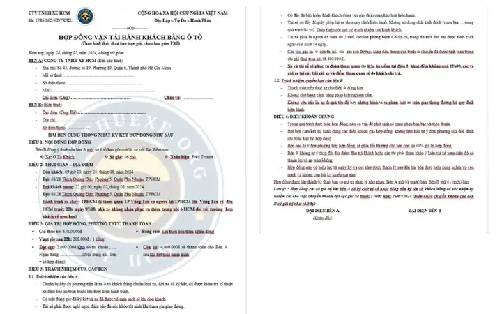 Hợp Đồng Thuê Xe Ô Tô Du Lịch