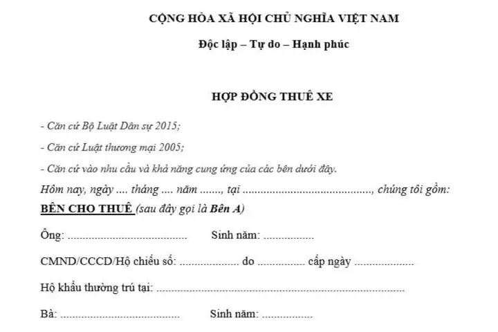 Mẫu Hợp Đồng Thuê Xe Tự Lái
