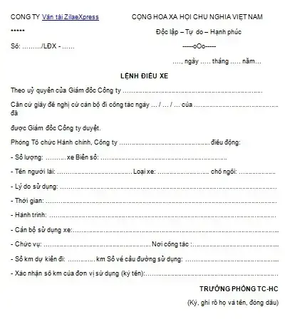 Mẫu Lệnh Sửa Chữa Theo Tiêu Chuẩn Hãng