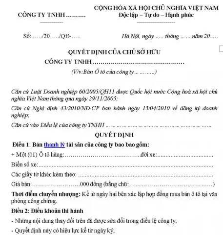 Mẫu Quyết Định Giao Xe Ô Tô Cho Lái Xe Chuẩn Nhất Cho Doanh Nghiệp