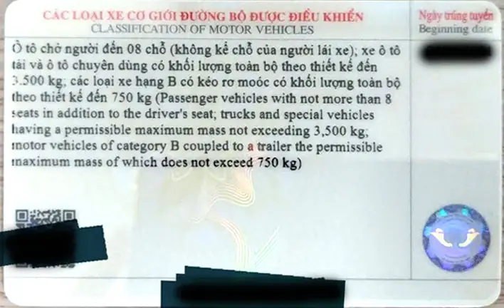 Mặt Sau Bằng Lái Xe Ô Tô Hạng B Số Sàn Mẫu Mới