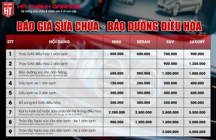 Bảng Giá Sửa Chữa - Bảo Dưỡng Điều Hòa Ô Tô Tại Hà Thành Garage