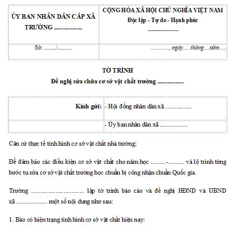 Mẫu Tờ Trình Đề Nghị Sửa Chữa Cơ Sở Vật Chất Ở Trường Học