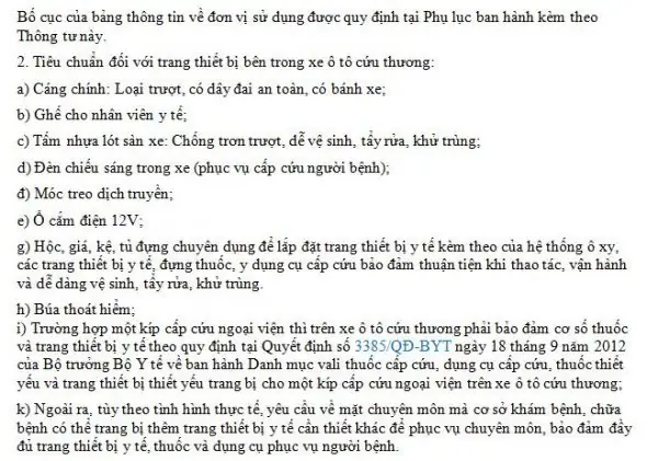 Quy Định Tiêu Chuẩn Trang Thiết Bị Trên Xe Ô Tô Cứu Thương