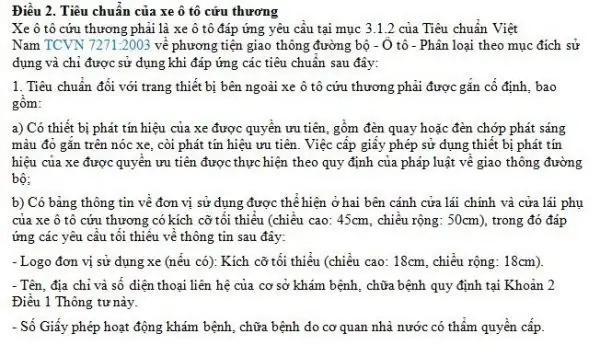 Quy Định Tiêu Chuẩn Trang Thiết Bị Trên Xe Ô Tô Cứu Thương