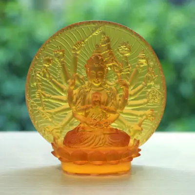 Tượng Bồ Tát Chuẩn Đề, Bằng Lưu Ly Màu Vàng, Để Xe Hơi, Để Bàn Làm Việc, Cao 12cm