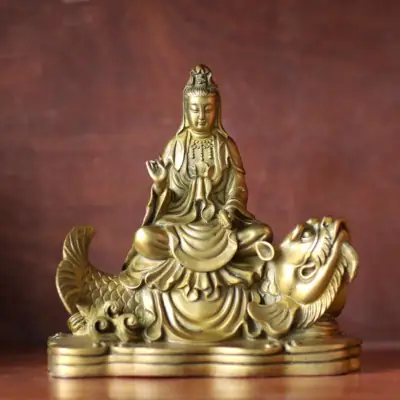 Tượng Quan Âm Bồ Tát Bằng Đồng, Để Xe Hơi, Để Bàn Làm Việc, Cao 17cm