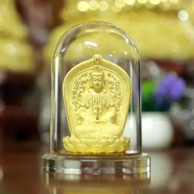 Tượng Để Xe Hình Quán Thế Âm Bồ Tát 2 Mặt, Nhung Vàng Kim Sa, Cao 11cm