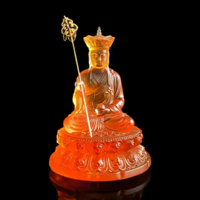 Tượng Địa Tạng Bồ Tát Bằng Lưu Ly Màu Vàng, Để Xe Hơi, Để Bàn Làm Việc, Cao 12cm