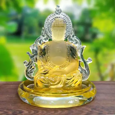 Tượng Để Xe Hình Phật Bổn Sư Thích Ca 2 Mặt, Chất Liệu Lưu Ly, Màu Vàng, Cao 12.4cm