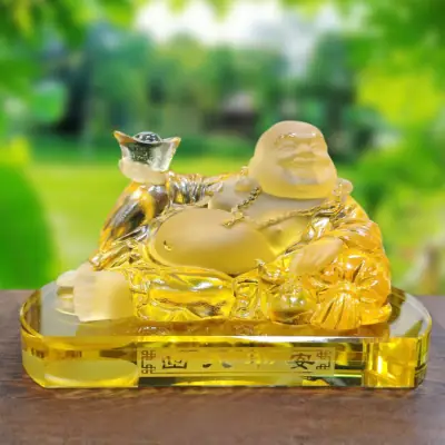 Tượng Để Xe Bồ Tát Di Lặc Bằng Lưu Ly Mầu Vàng, Kích Thước 8x13.5cm