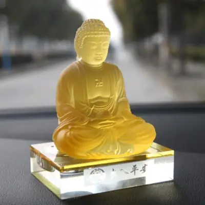 Tượng Bổn Sư Thích Ca Bằng Lưu Ly Vàng Hổ Phách, Cao 11.7cm Để Xe Hơi (ô Tô), Để Bàn Làm Việc