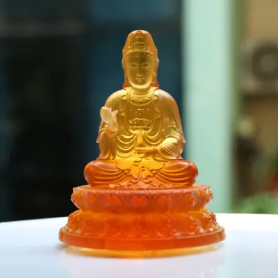 Tượng Quan Âm Bồ Tát Bằng Lưu Ly Màu Vàng Hổ Phách, Để Xe Hơi, Để Bàn Làm Việc, Cao 12cm