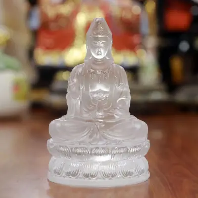 Tượng Quan Âm Ngồi Đài Sen, Bằng Lưu Ly Màu Trắng, Để Xe Hơi, Để Bàn Làm Việc, Cao 14cm