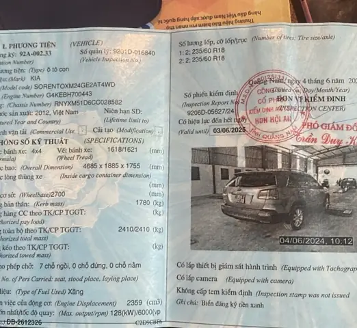 Thanh Lý 01 (một) Xe Ô Tô Cũ 7 Chỗ, 2 Cầu, Máy Xăng, Nhãn Hiệu Kia Sorento, Biển Số 92a-002.33, Được Đưa Vào Sử Dụng Ngày 28/12/2012, Số Khung: Rnyxm51d6cc028582, Số Máy: G4kebh700443