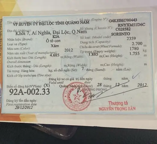 Thanh Lý 01 (một) Xe Ô Tô Cũ 7 Chỗ, 2 Cầu, Máy Xăng, Nhãn Hiệu Kia Sorento, Biển Số 92a-002.33, Được Đưa Vào Sử Dụng Ngày 28/12/2012, Số Khung: Rnyxm51d6cc028582, Số Máy: G4kebh700443