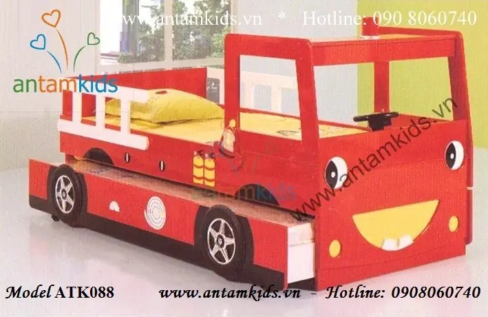 Giường 2 Tầng Xe Ô Tô Cứu Hỏa Màu Đỏ–thời Thượng Cho Bé Trai Xe Ô Tô, Xe Cứu Hỏa Atk088