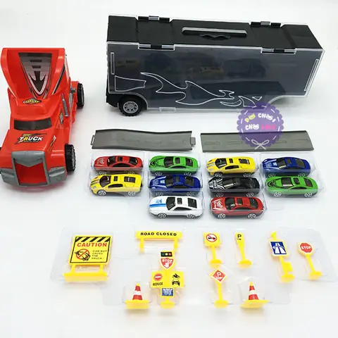 Hộp Đồ Chơi Xe Container Chở Xe Ô Tô Con Bằng Sắt 10 Chiếc