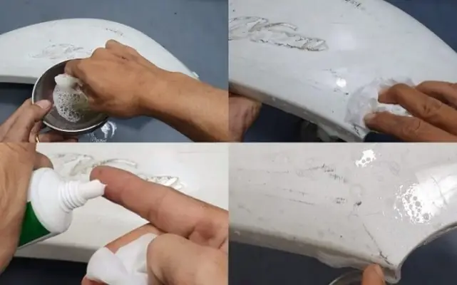 Bước 5 : Đợi Kem Đánh Răng Khô Rồi Dùng Nước Rửa. Sau Đó Lau Lại Bằng Khăn Ẩm.