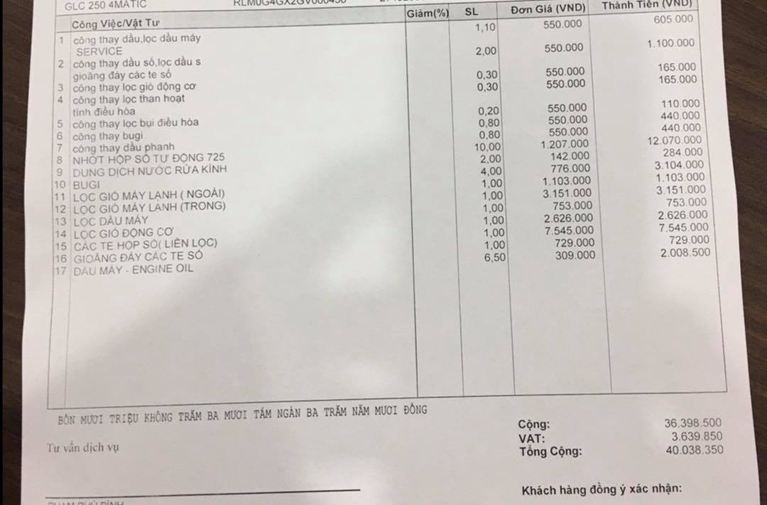 Bảng giá tham khảo các hạng mục bảo dưỡng Mercedes định kỳ