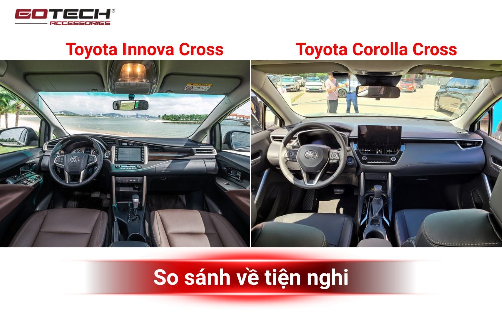Nội thất, tiện nghi và công nghệ trên Toyota Cross và Innova: So sánh chi tiết (So sánh về không gian nội thất, thiết kế ghế ngồi, vật liệu sử dụng, trang bị tiện nghi như hệ thống giải trí, điều hòa, và các công nghệ an toàn trên Toyota Cross và Innova.)