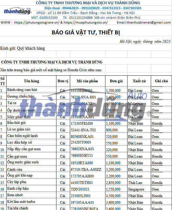 báo giá phụ tùng xe honda civic