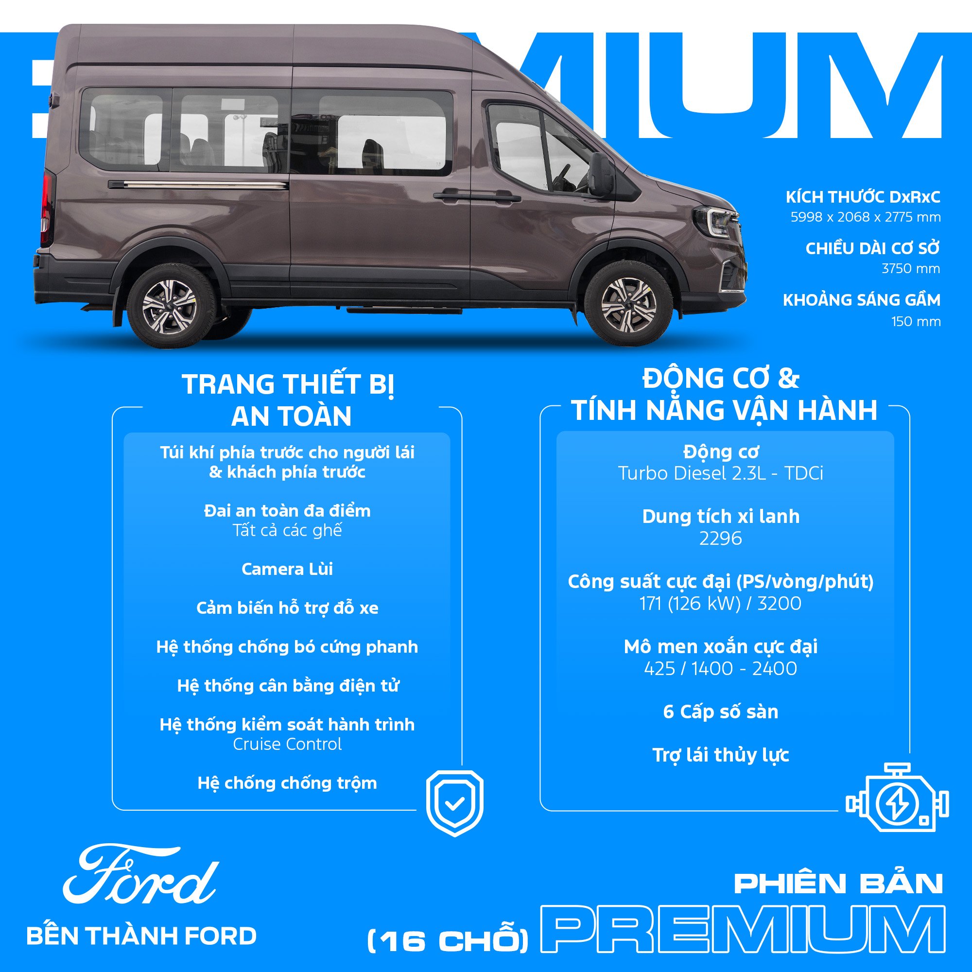 kích thước xe ford transit 16 chỗ - Hình 4